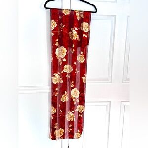 Vintage Sheer Floral Scarf Burgundy Rose Silky Striped Made in Korea 90s
